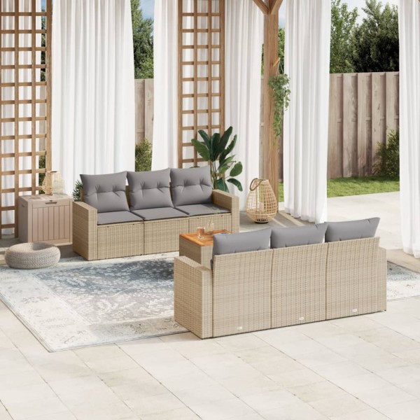 7 pcs conj. sofás jardim c/ almofadões vime PE bege misturado D