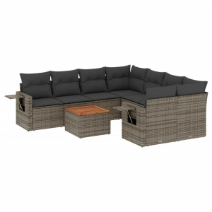 9 pcs conjunto sofás p/ jardim com almofadões vime PE cinzento H