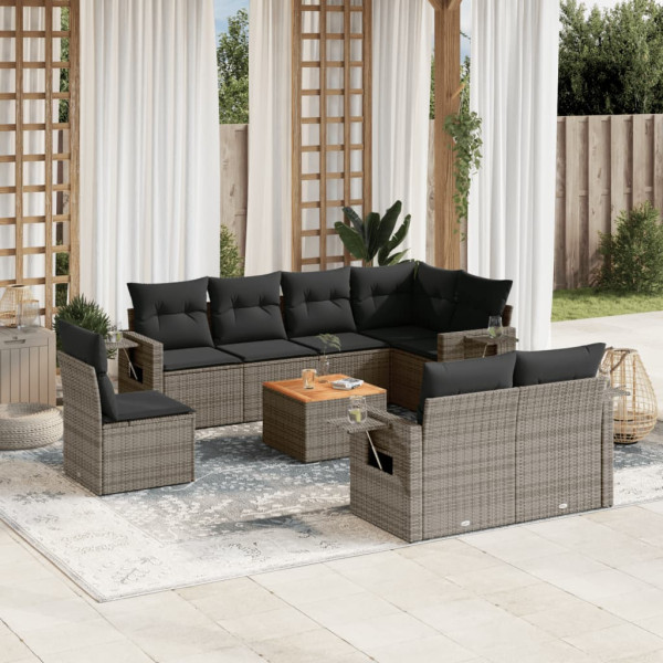 9 pcs conjunto sofás p/ jardim com almofadões vime PE cinzento D