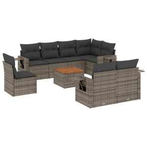 Set de muebles de jardín 9 pzas y cojines ratán sintético gris H