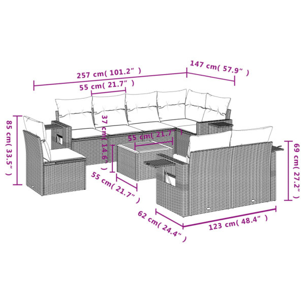 Set de muebles de jardín 9 pzas y cojines ratán sintético gris M 3