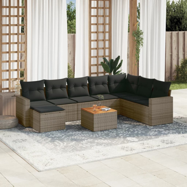 9 pcs conjunto sofás p/ jardim com almofadões vime PE cinzento D