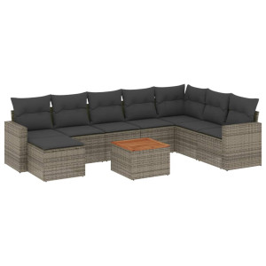 Set de muebles de jardín 9 pzas y cojines ratán sintético gris H