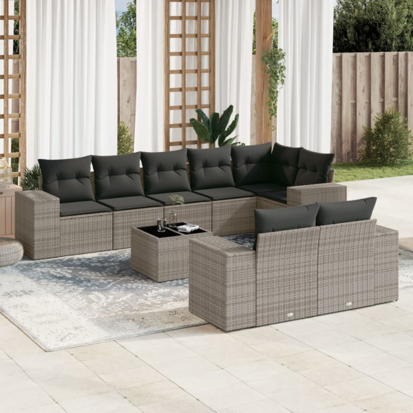 9 pcs conjunto sofás p/ jardim com almofadões vime PE cinzento D