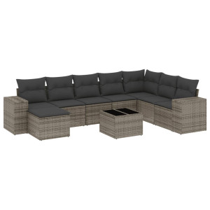 Set de muebles de jardín 9 pzas y cojines ratán sintético gris H