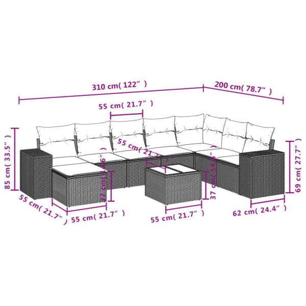 9 pcs conjunto sofás p/ jardim com almofadões vime PE cinzento M 3