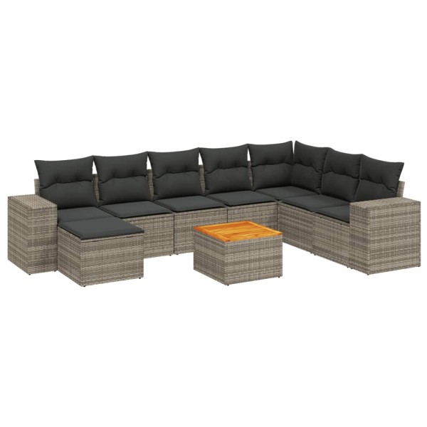 Set de muebles de jardín 9 pzas y cojines ratán sintético gris M 2