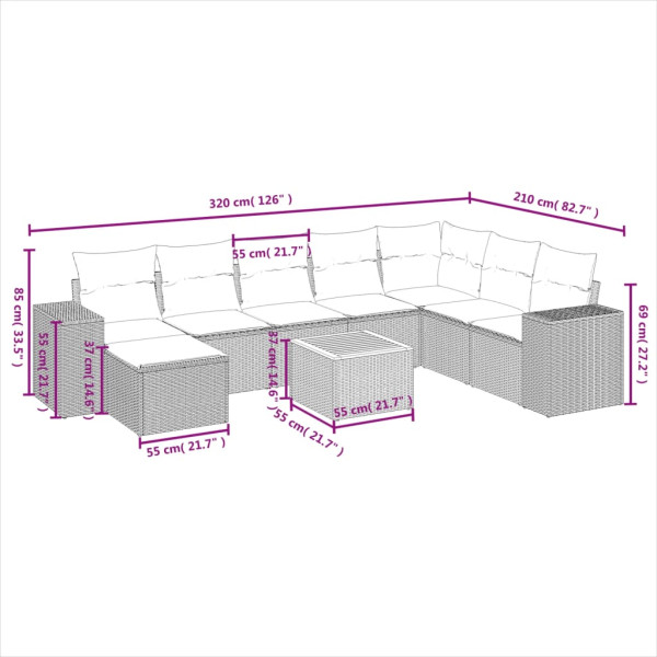 Set de muebles de jardín 9 pzas y cojines ratán sintético gris M 3