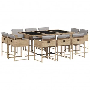 11 pcs conj. jantar jardim c/ almofadões vime PE bege misturado H