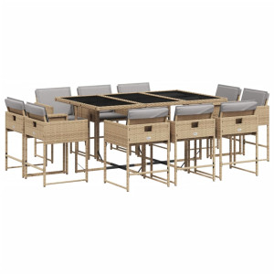 Set comedor de jardín 11 pzas con cojines ratán sintético beige H