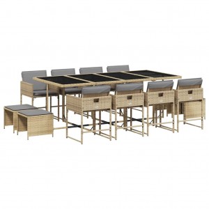 13 pcs conj. jantar jardim c/ almofadões vime PE bege misturado H