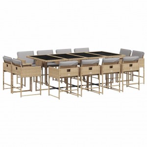 13 pcs conj. jantar jardim c/ almofadões vime PE bege misturado H