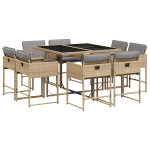 Set comedor de jardín 9 pzas con cojines ratán sintético beige H
