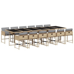 Set comedor de jardín con cojines 13 pzas ratán sintético beige H