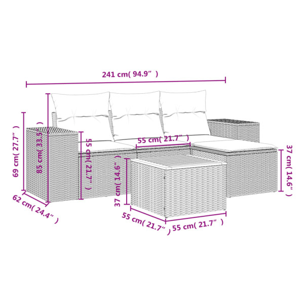 Set de muebles de jardín 5 pzas y cojines ratán sintético negro M 3