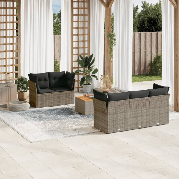 Set de muebles de jardín 6 pzas y cojines ratán sintético gris D