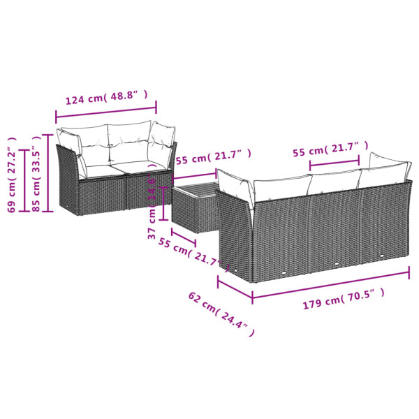 Set de muebles de jardín 6 pzas y cojines ratán sintético gris M 3