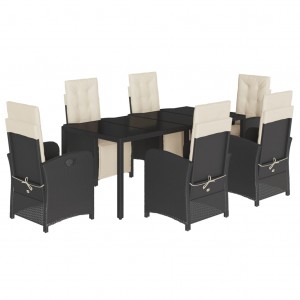 7 pcs conjunto de jantar p/ jardim c/ almofadões vime PE preto H