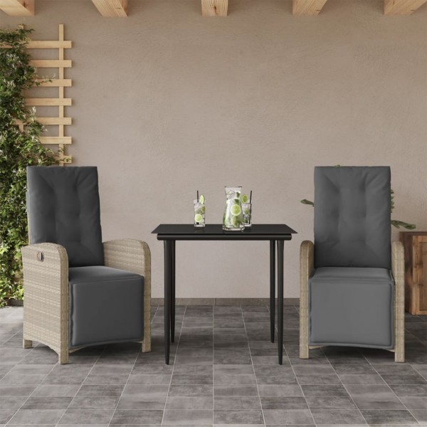 3 pcs conjunto bistrô com almofadões vime PE cinzento claro D
