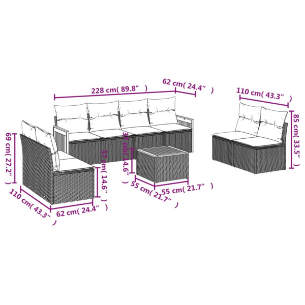 Set de muebles de jardín 9 pzas y cojines ratán sintético gris M 3