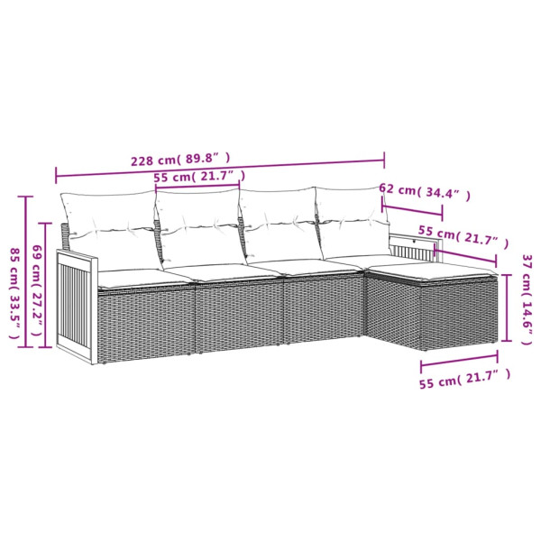 5 pcs conjunto sofás de jardim com almofadões vime PE preto M 3