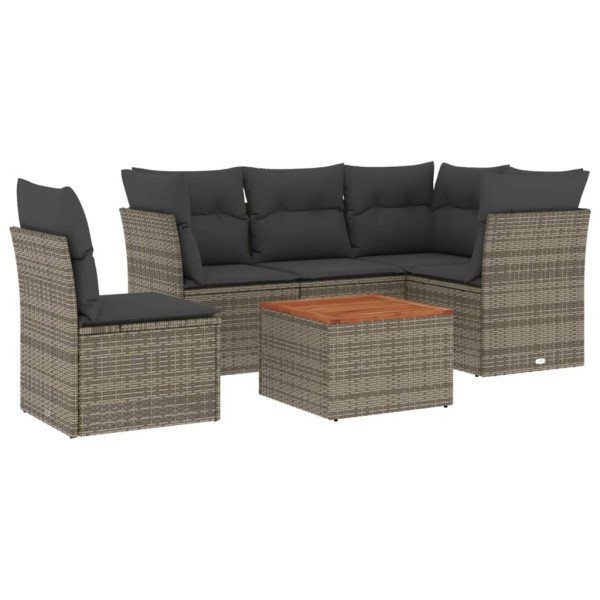 Set de muebles de jardín 6 pzas y cojines ratán sintético gris M 2