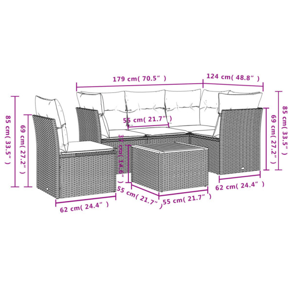 6 pcs conjunto sofás de jardim com almofadões vime cinzento M 3
