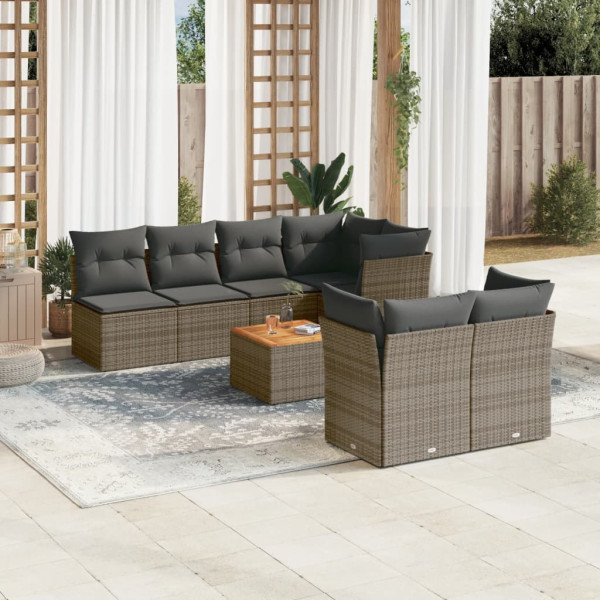 8 pcs conjunto sofás de jardim c/ almofadões vime PE cinzento D