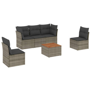 Set de muebles de jardín 6 pzas y cojines ratán sintético gris H