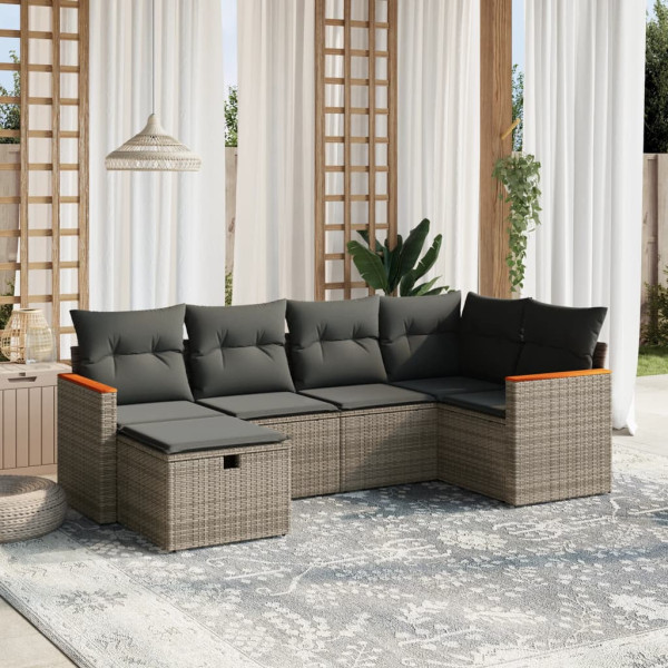 6 pcs conjunto sofás de jardim com almofadões vime cinzento D
