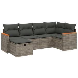 6 pcs conjunto sofás de jardim com almofadões vime cinzento H