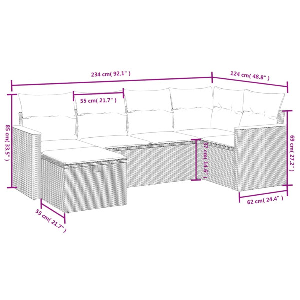 6 pcs conjunto sofás de jardim com almofadões vime cinzento M 3