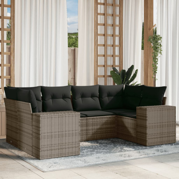 6 pcs conjunto sofás de jardim com almofadões vime cinzento D