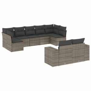 Set de muebles de jardín 9 pzas y cojines ratán sintético gris H