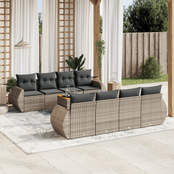 9 pcs conjunto sofás p/ jardim com almofadões vime PE cinzento D