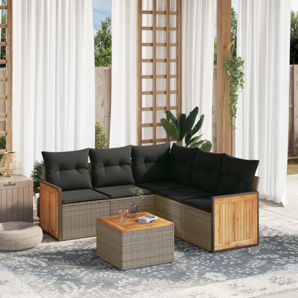 6 pcs conjunto sofás de jardim com almofadões vime cinzento D