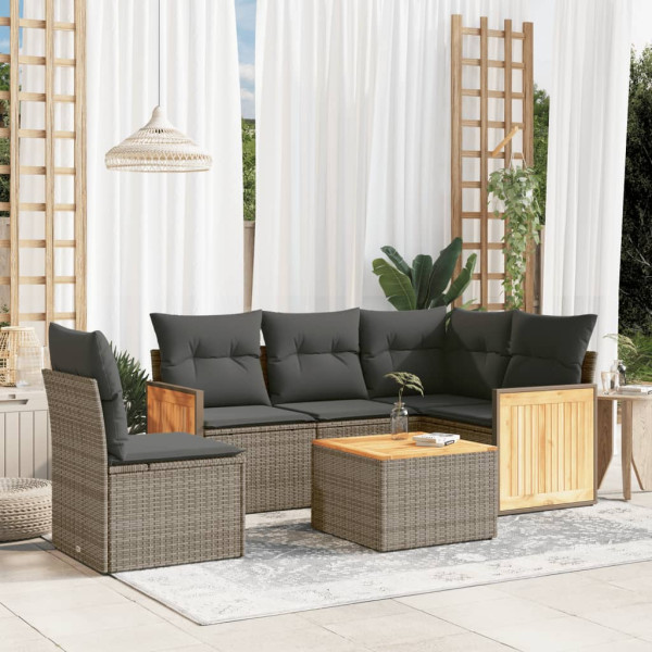 6 pcs conjunto sofás de jardim com almofadões vime cinzento D