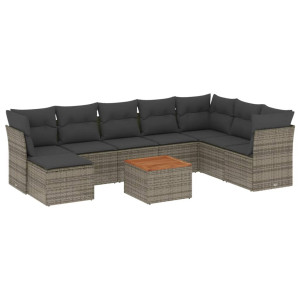 9 pcs conjunto sofás p/ jardim com almofadões vime PE cinzento H