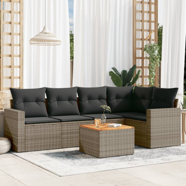 6 pcs conjunto sofás de jardim com almofadões vime cinzento D