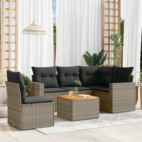 6 pcs conjunto sofás de jardim com almofadões vime cinzento D