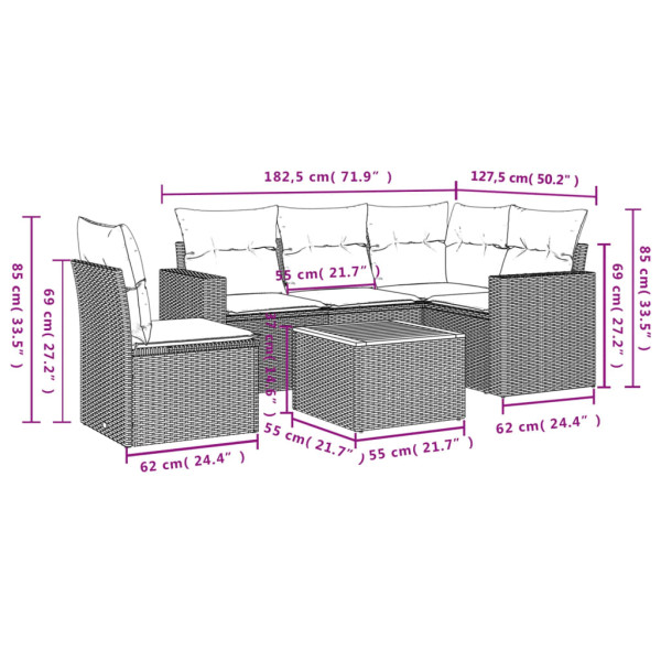 6 pcs conjunto sofás de jardim com almofadões vime cinzento M 3