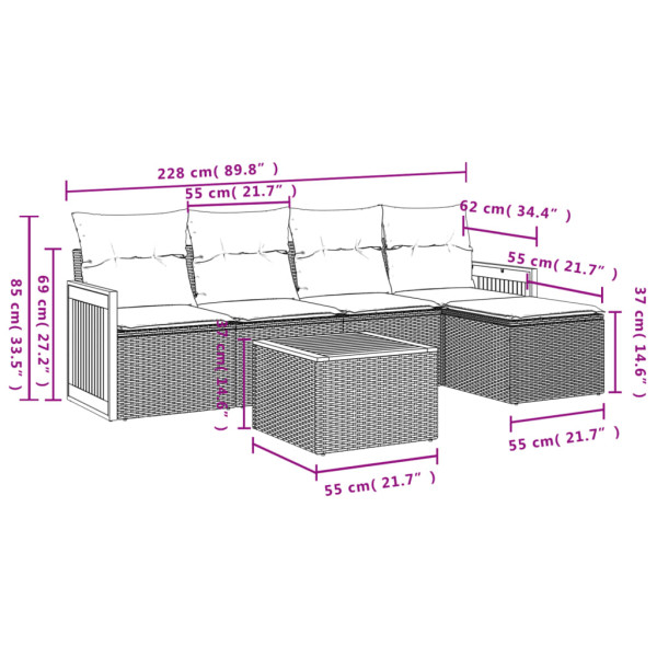 Set de muebles de jardín 6 pzas y cojines ratán sintético gris M 3