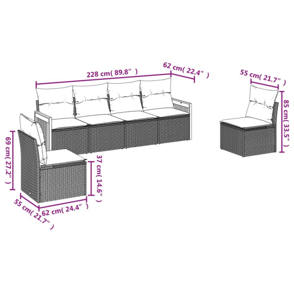 6 pcs conjunto sofás de jardim com almofadões vime cinzento M 3