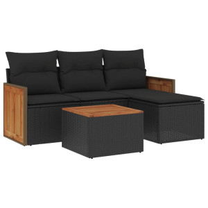 5 pcs conjunto sofás de jardim com almofadões vime PE preto H