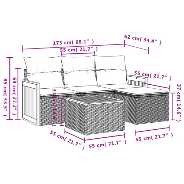 5 pcs conjunto sofás de jardim com almofadões vime PE preto M 3