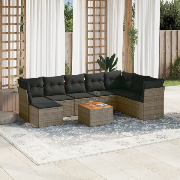 9 pcs conjunto sofás p/ jardim com almofadões vime PE cinzento D