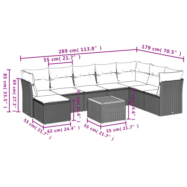 9 pcs conjunto sofás p/ jardim com almofadões vime PE cinzento M 3