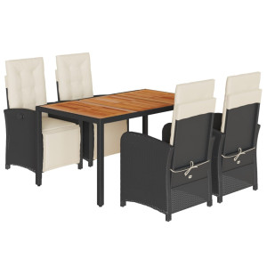 5 pcs conjunto de jantar p/ jardim c/ almofadões vime PE preto H