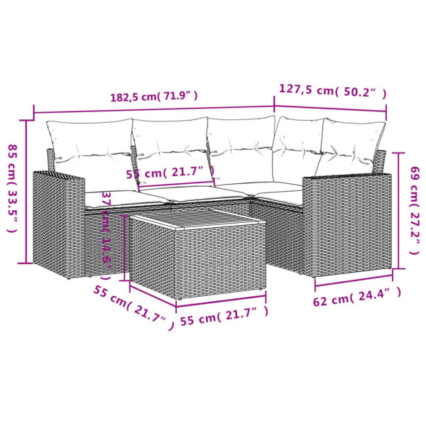 5 pcs conjunto sofás de jardim com almofadões vime PE preto M 3