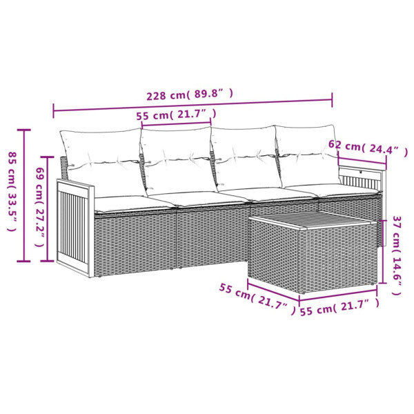 Set de muebles de jardín 5 pzas y cojines ratán sintético negro M 3